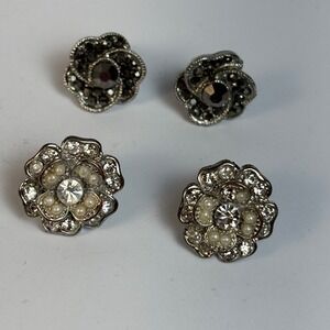 Earrings Vintage Silver Tone Rhinestone Flowers Tiny Detailed